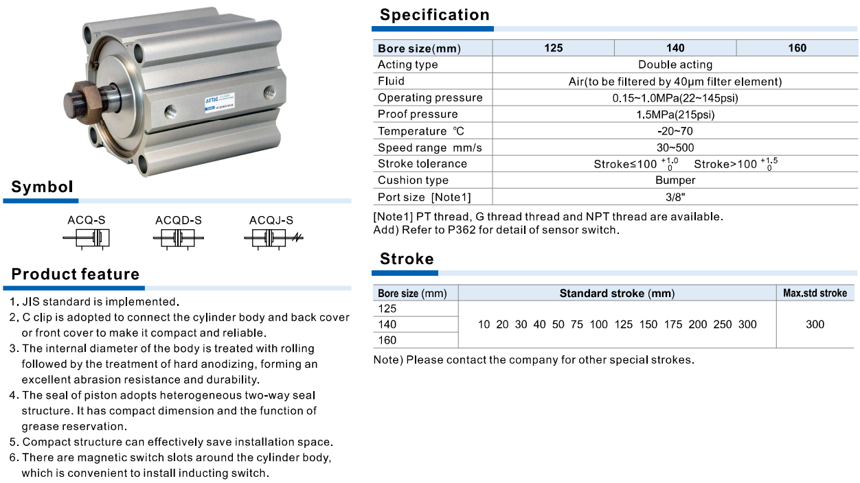 Xi lanh khí nén compact AirTAC ACQ Series – Đường kính lớn, lực đẩy mạnh
